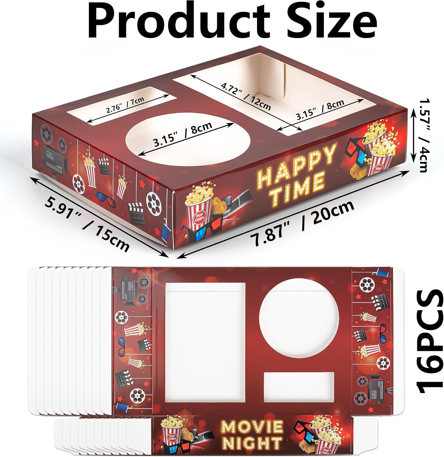 16Pcs Movie Night Snack Trays Disposable Paper Popcorn Drink Holder Theater Food Boxes for Cinema Supplies Family Party Decoration 7.87x5.91x1.57inch Retro Style