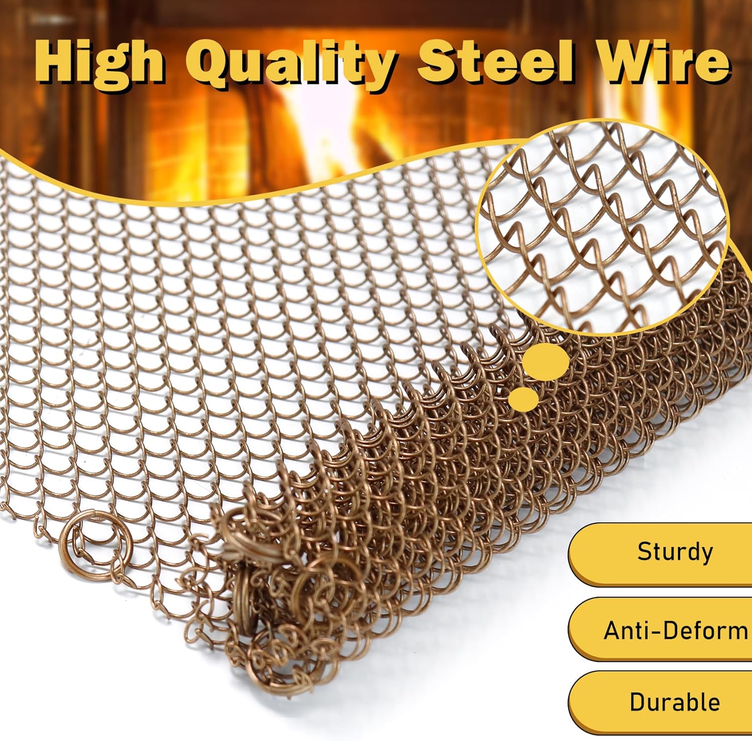 Fireplace Mesh Screen Curtain 24" W x 24" H,Sturdy Spark Guard Mesh Screens with Pulls for Home Wood Burning Fireplaces,Two Panels,Antique Brass