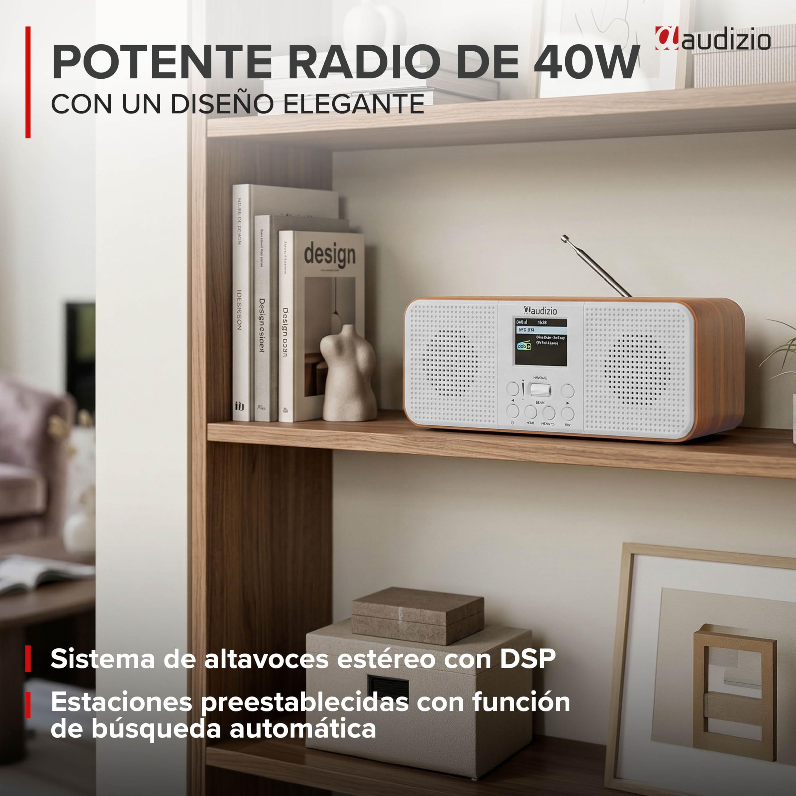Audizio Bucine - Radio Dab+/FM Bluetooth y WiFi 40W Acabado Plateado | Radio de calidad, Bluetooth, WiFi y radio DAB+/FM, sonido estéreo de 40W, pantalla a color, para cocina, salón y viajes