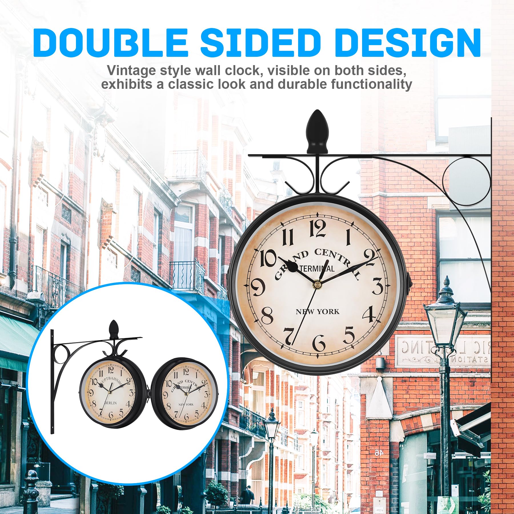 Samger - Reloj de pared de doble cara retro con soporte, 18 cm, estilo retro con batería, reloj de estación de tren Nueva York, reloj de metal, color negro