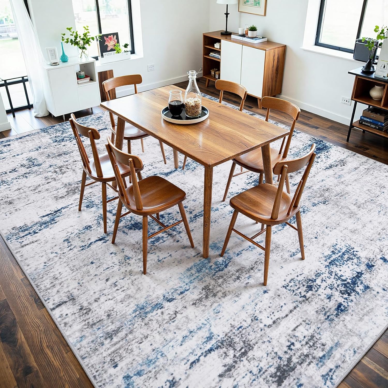 Area Rug Living Room Rugs: 9x12 Large Soft Indoor Carpet Modern Abstract Rug with Non Slip Rubber Backing for Under Dining Table Nursery Home Office Bedroom White Gray Blue
