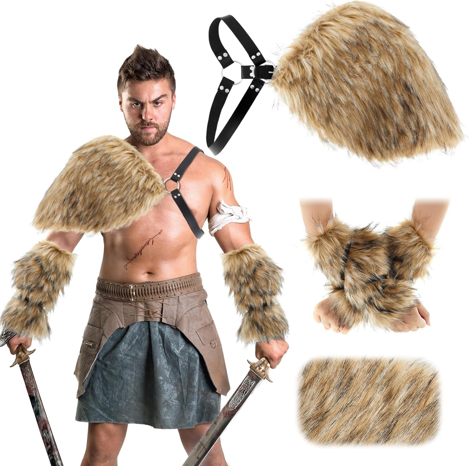 Geyoga 3 Pieces Halloween Mens Viking Costume Medieval Faux Fur Shoulder Armor Arm Cuff Cloak