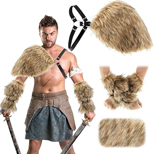 3 Pieces Halloween Mens Viking Costume Medieval Faux Fur Shoulder Armor Arm Cuff Cloak