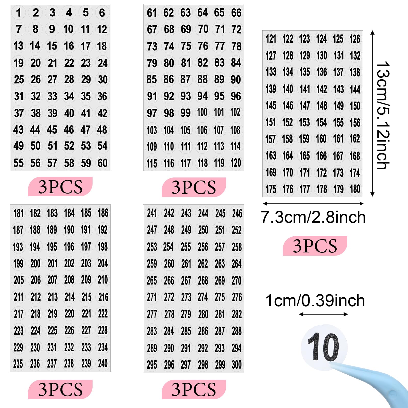 Mabor 15 Sheets Round Number Stickers 1-300, Small Clear 