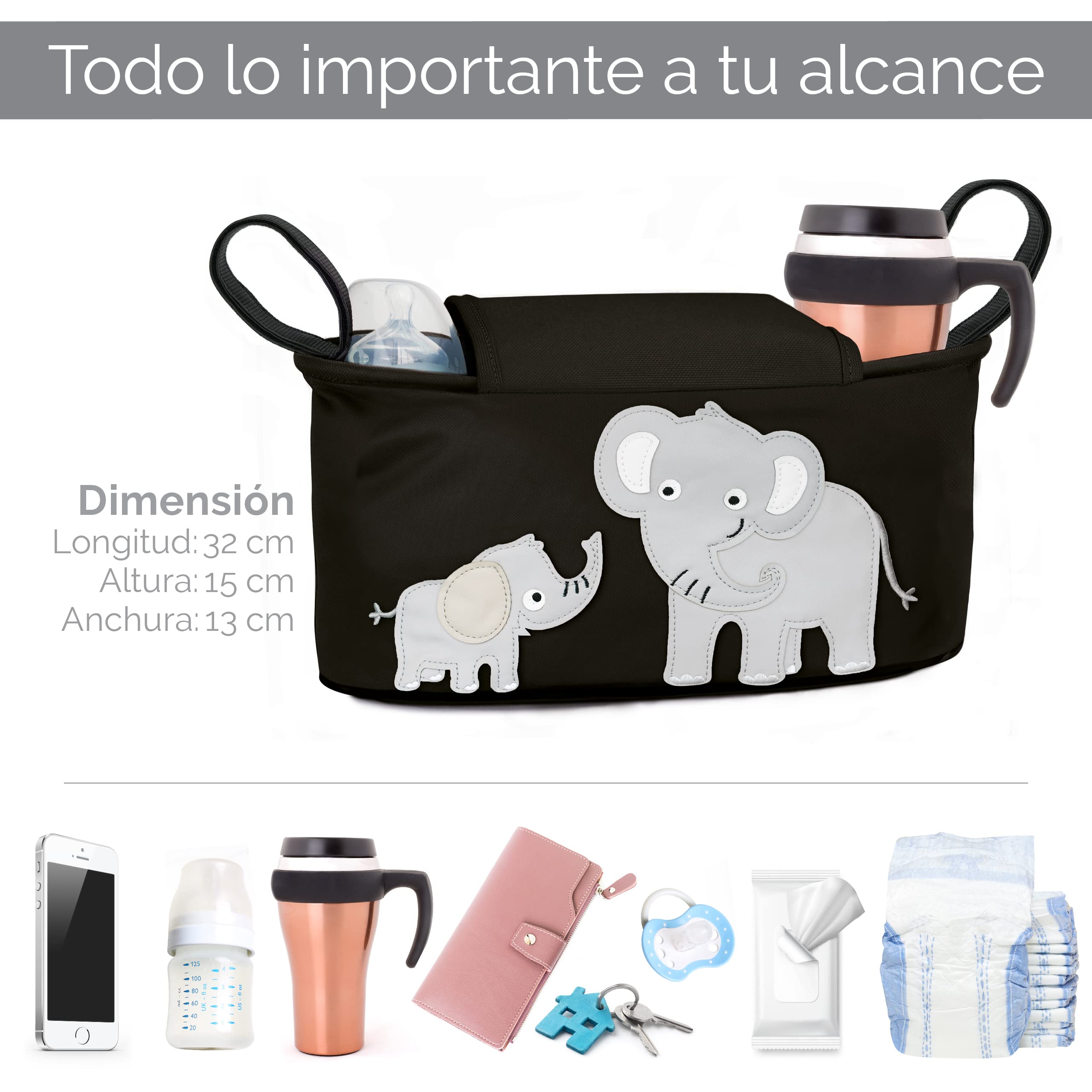 GLÜCKSWOLKE Bolsa Carro Bebe - 12 Motivos I Organizador para Coches de Paseo I Accesorios para Cochecito para Mama I Bolso Carrito I Bolsos Sillas de Paseo I Motivo Elefante (Negro)