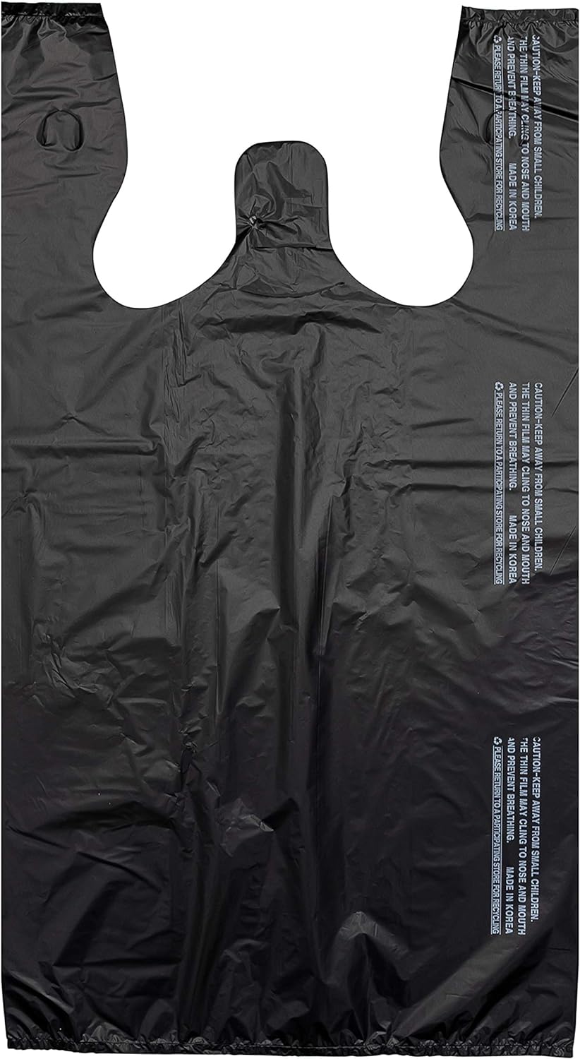 Large Plain Black (400 Count) Embossed T-Shirt Bag, 12 inch X 7 inch X 22 inch, 17 mic, Black Bags with Handled, Bulk, Grocery, Retail, Heavy Duty