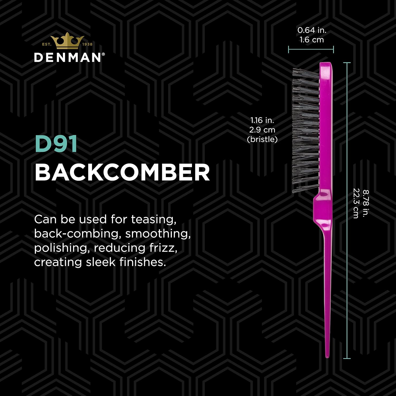 Denman (Purple) Backcomber for Teasing, Smoothing & Up Do - Three Rows of Stiff Bristle - Use on Wigs and Hair Extensions, D91