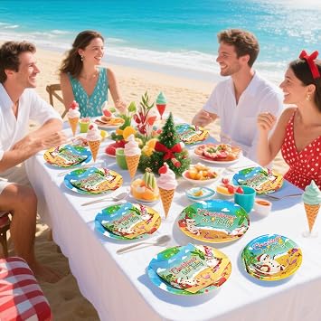 150Pcs Christmas in July Plates and Napkins - Merry Christmas Dinner Dessert Paper Plates Napkins Tableware Set for Hawaiian Beach Summer Xmas Decorations Party Supplies Tables Decor Favors,Serves 50