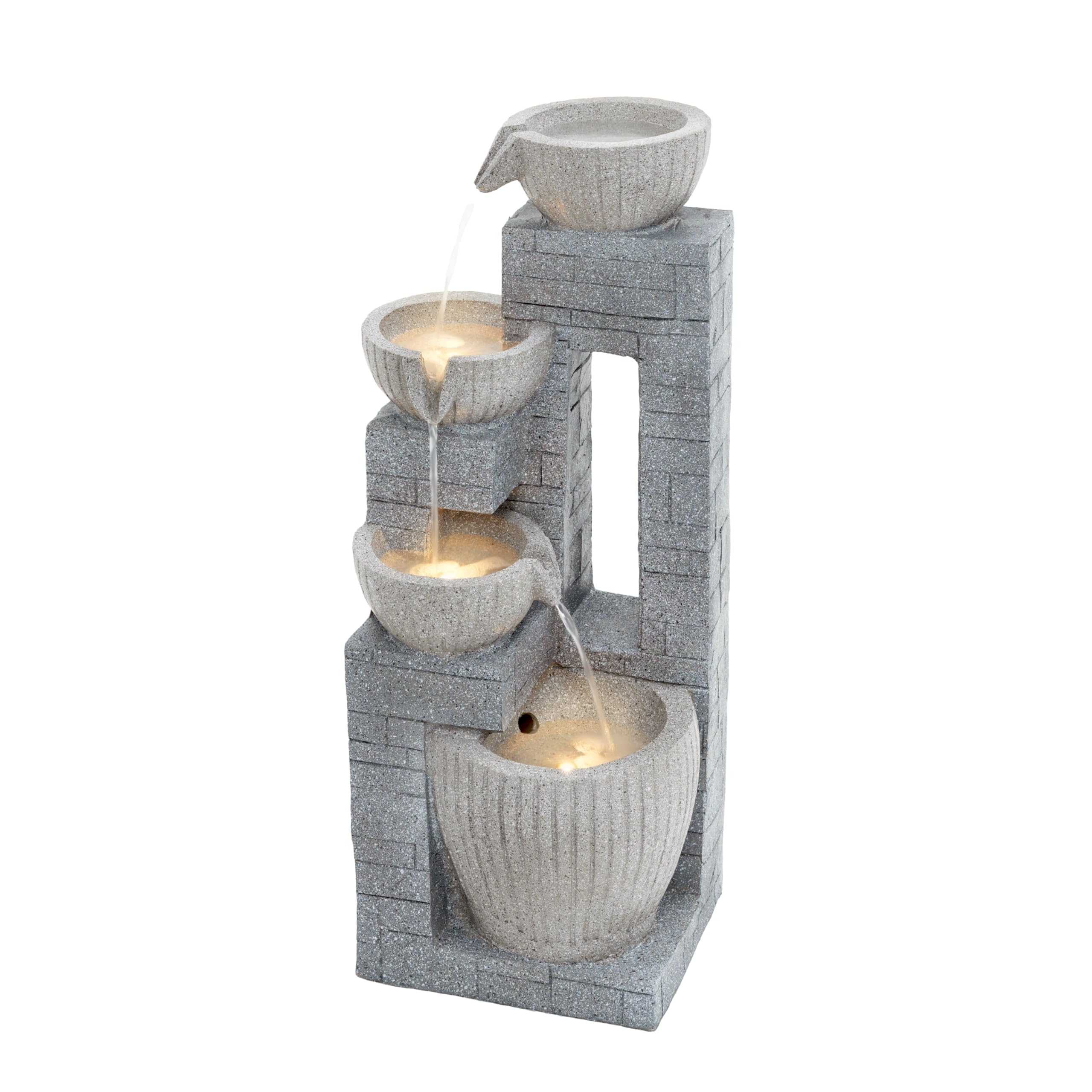 Gartenbrunnen, Brunnen Garten, Gartenbrunnen für Außen, 80 cm Schichtstein-Becken mit LED-Brunnen, aus Rostbeständigem Polyesterharz, für Garten, Terrasse, Balkon & Rasen (Grau)
