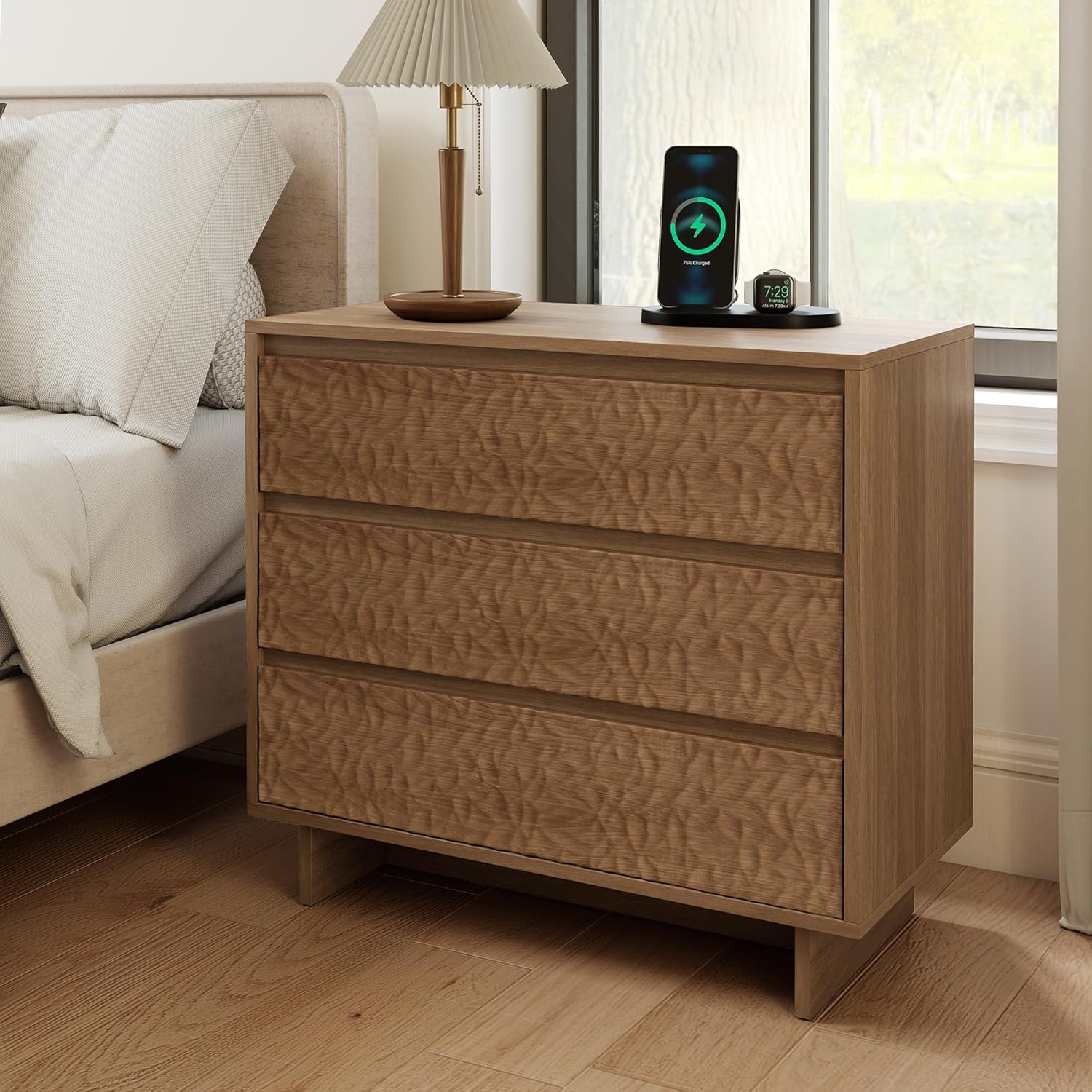 Miereirl Night Stand with 3 Drawers, Modern Nightstand with Large Storage, Silent Slides Charging Station Bedside Table, Walnut Oak