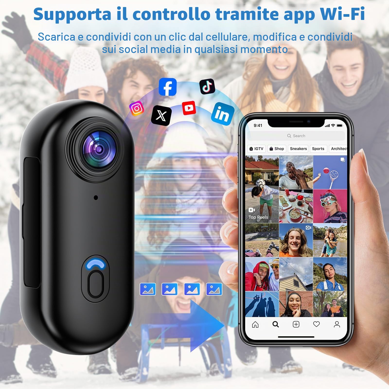 Mini Action Cam, 32GB Mini Telecamera Sportiva Body Cam Telecamera,HD 1080P Fotocamera Subacquea 30M, 120° Videocamera Sportiva WiFi per Pollici Bici Moto Casco Sci Surf con Accesorios Multiples