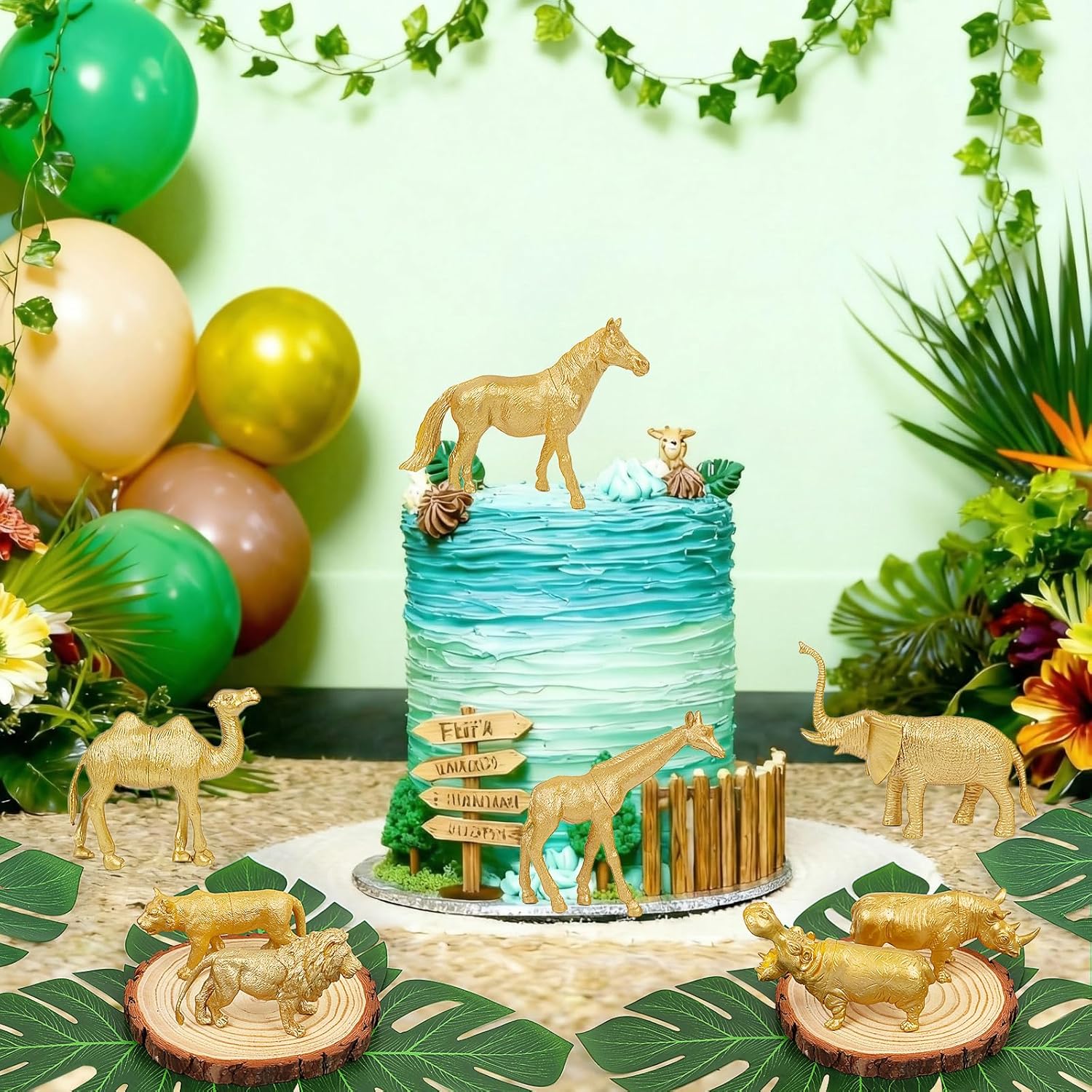 Safari Animals Table Centerpieces - 6 Set of Jungle Animals Decorations Includes 12 Safari Zoo Animal Figures 6 Wood Slices 18 Tropical Palm Leaves for Baby Shower Birthday (Gold Animals)