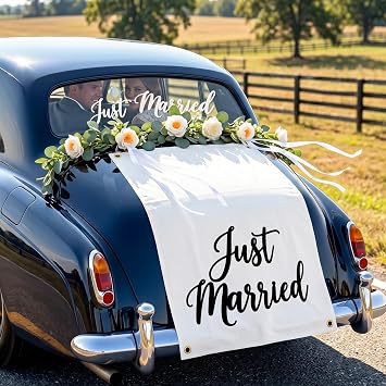 Just Married Car Decorations - 47x30" Fabric Banner, 6ft Eucalyptus Flower Garland & 3D Sign - Wedding Backdrop Set for Ceremony, Reception, Party , Bridal Shower & Table Runner Just Married