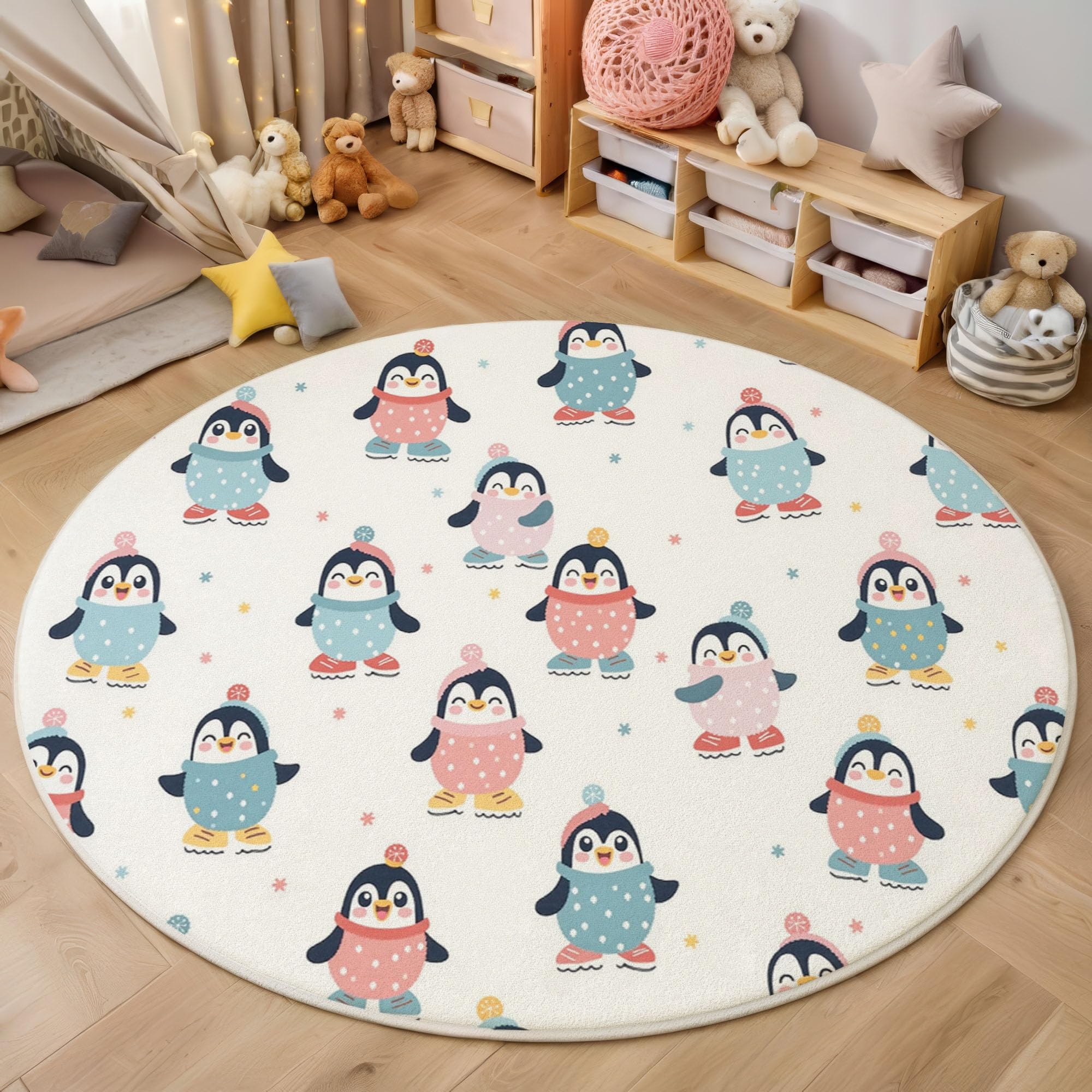 Tapis enfant rond 160cm au motif de pingouins en dessin animé pour chambre et salon