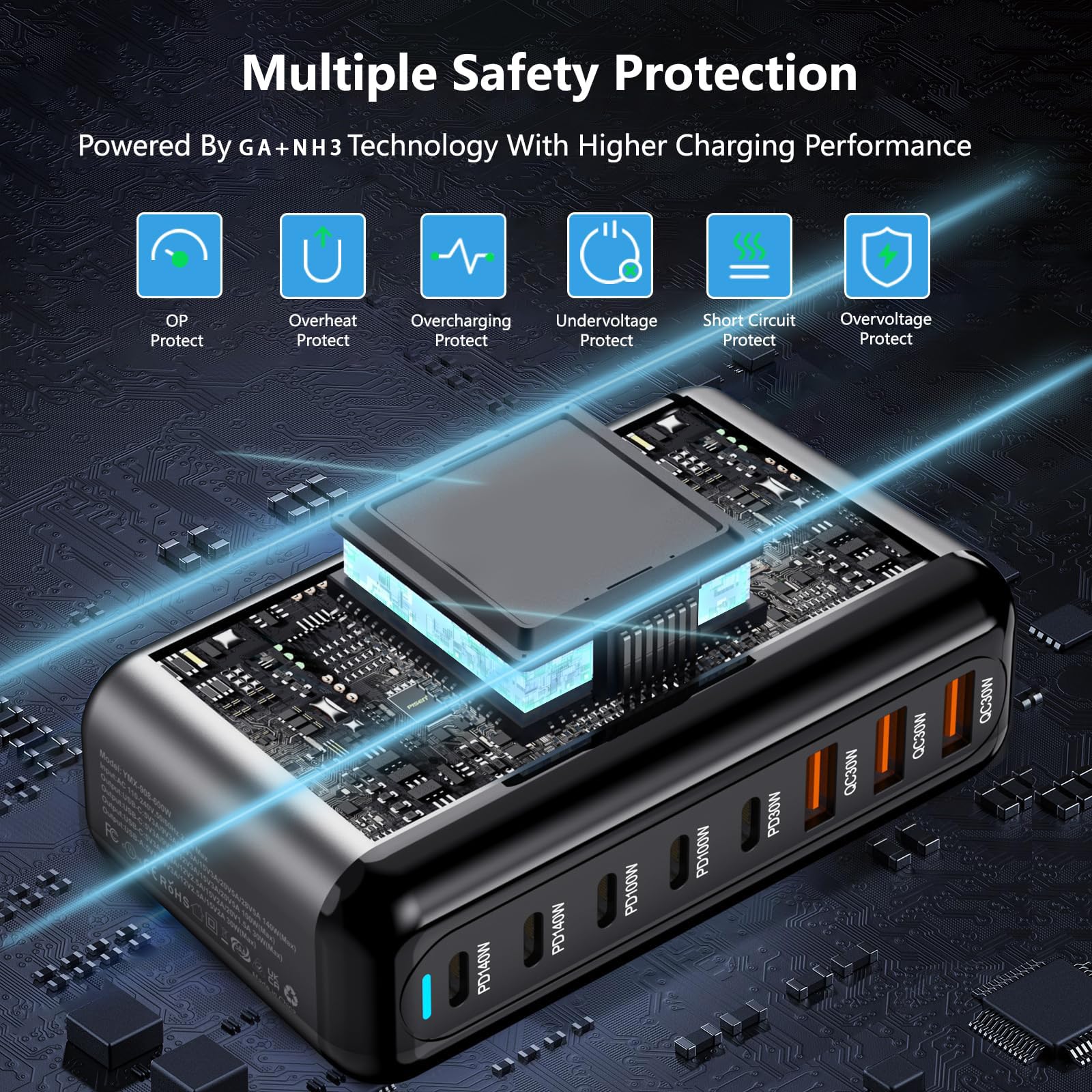 600W 8 Port GaN USB C Charger PD 140W 100W 65W 45W 20W Fast Charging Station for MacBook Pro iPad iPhone Galaxy S26 Pixel Dell Laptop