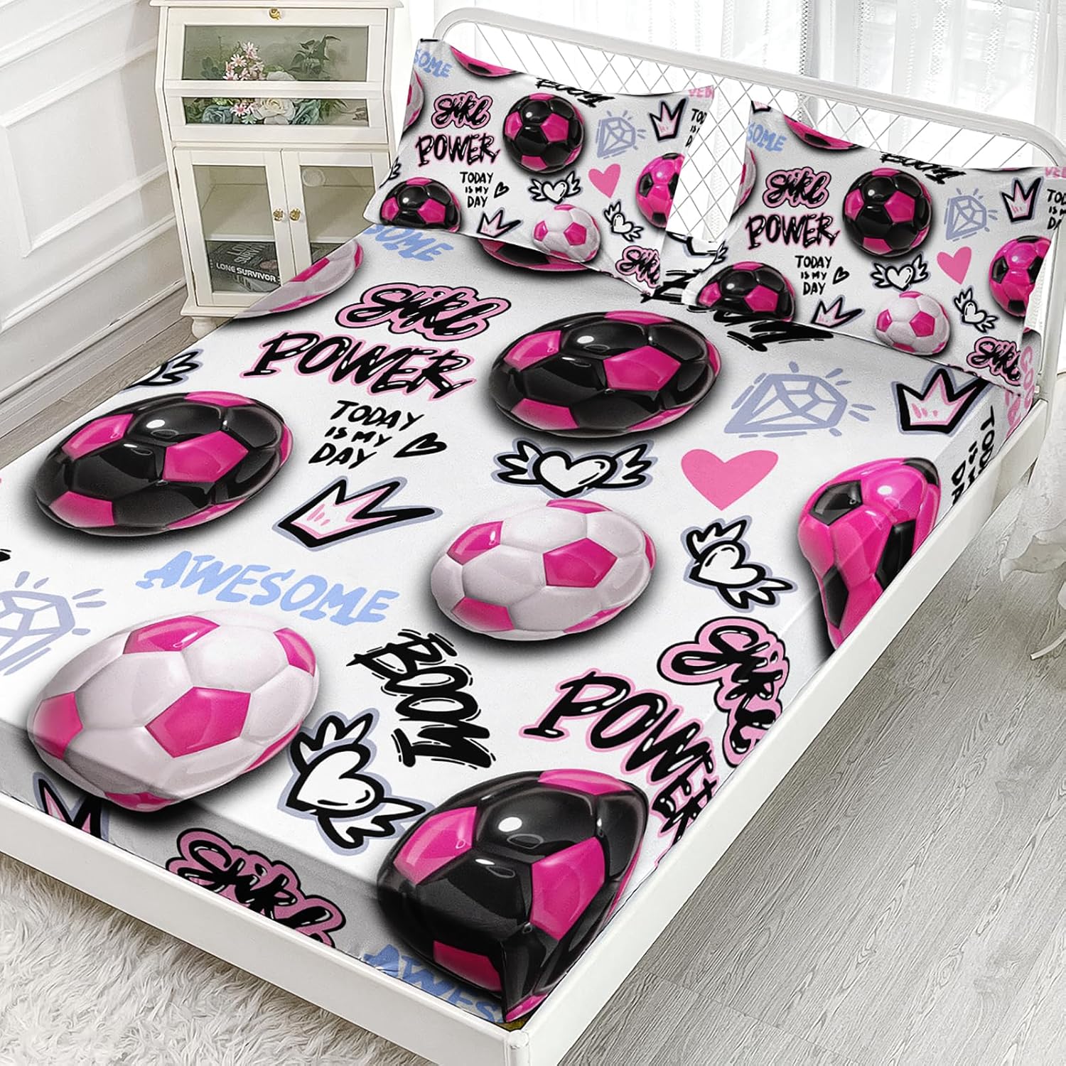 AILONEN Kids Pink Black Soccer Fitted Sheet Set Queen Size,Graffiti Hip Hop Sports Football Printed Bedding Set for Girls Teens,1 Fitted Sheet with 2 Pillowcases-3 Pieces