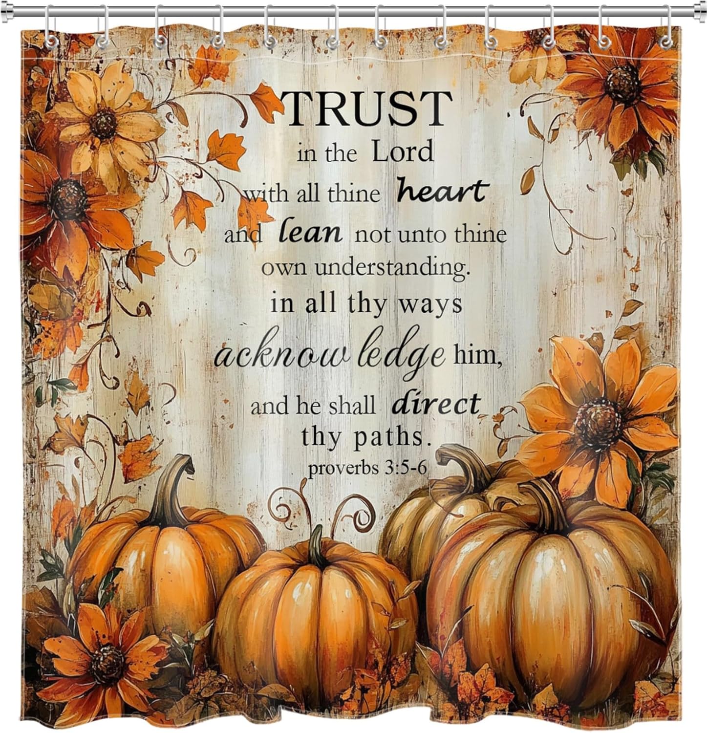 EOBTAIN Fall Pumpkin Shower Curtain Set Rustic Vintage Floral and Orange Plant Bathroom Curtains Shower Set Inspirational Bible Verse 72x72 Washable Fabric Bath Curtain with 24x16 Bathroom Rugs Decor