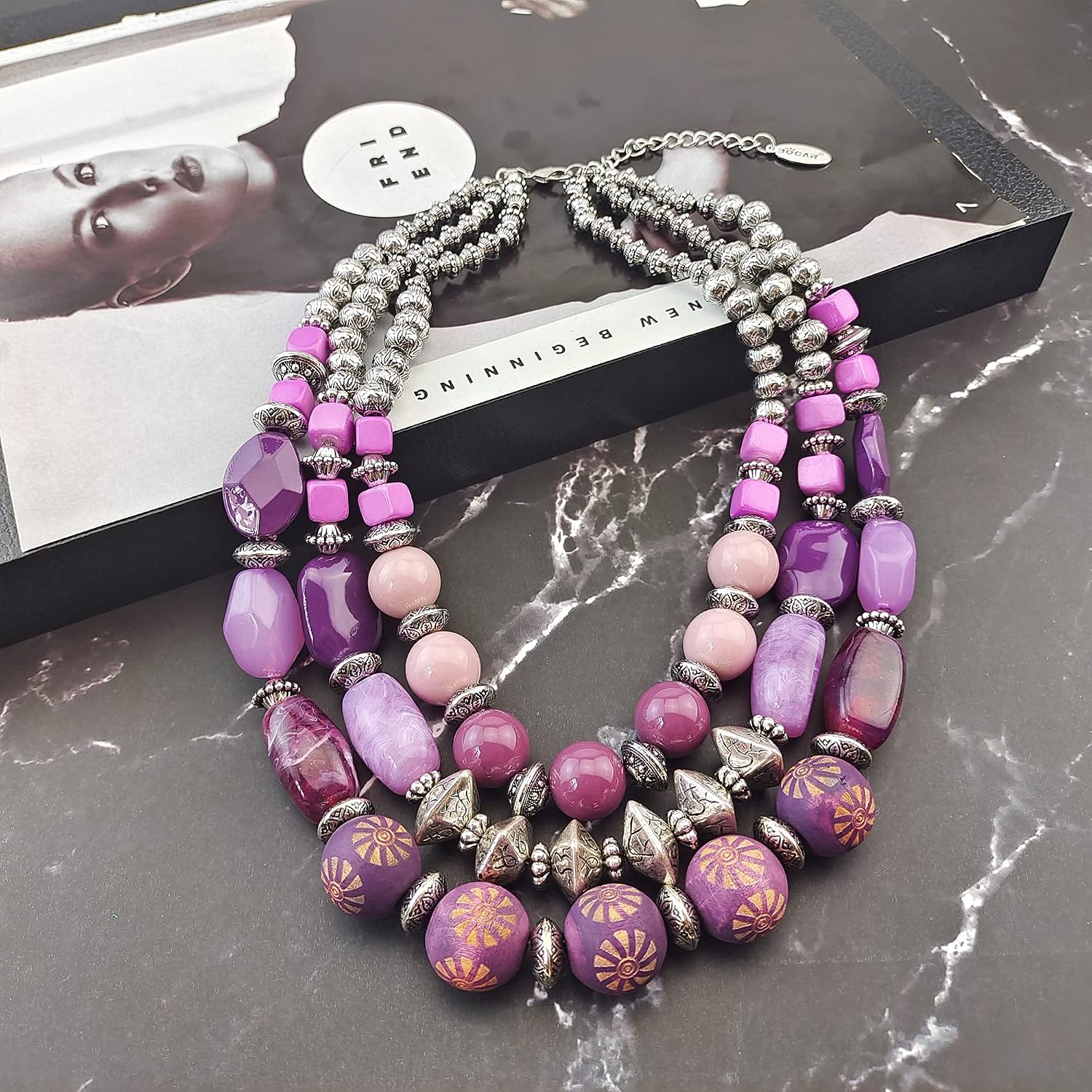 Bocar 3 Layer Chunky Statement Beaded Necklace Fashion Multi Layer Women Collar Necklace(NK-10625-Grape Purple) - Image 4