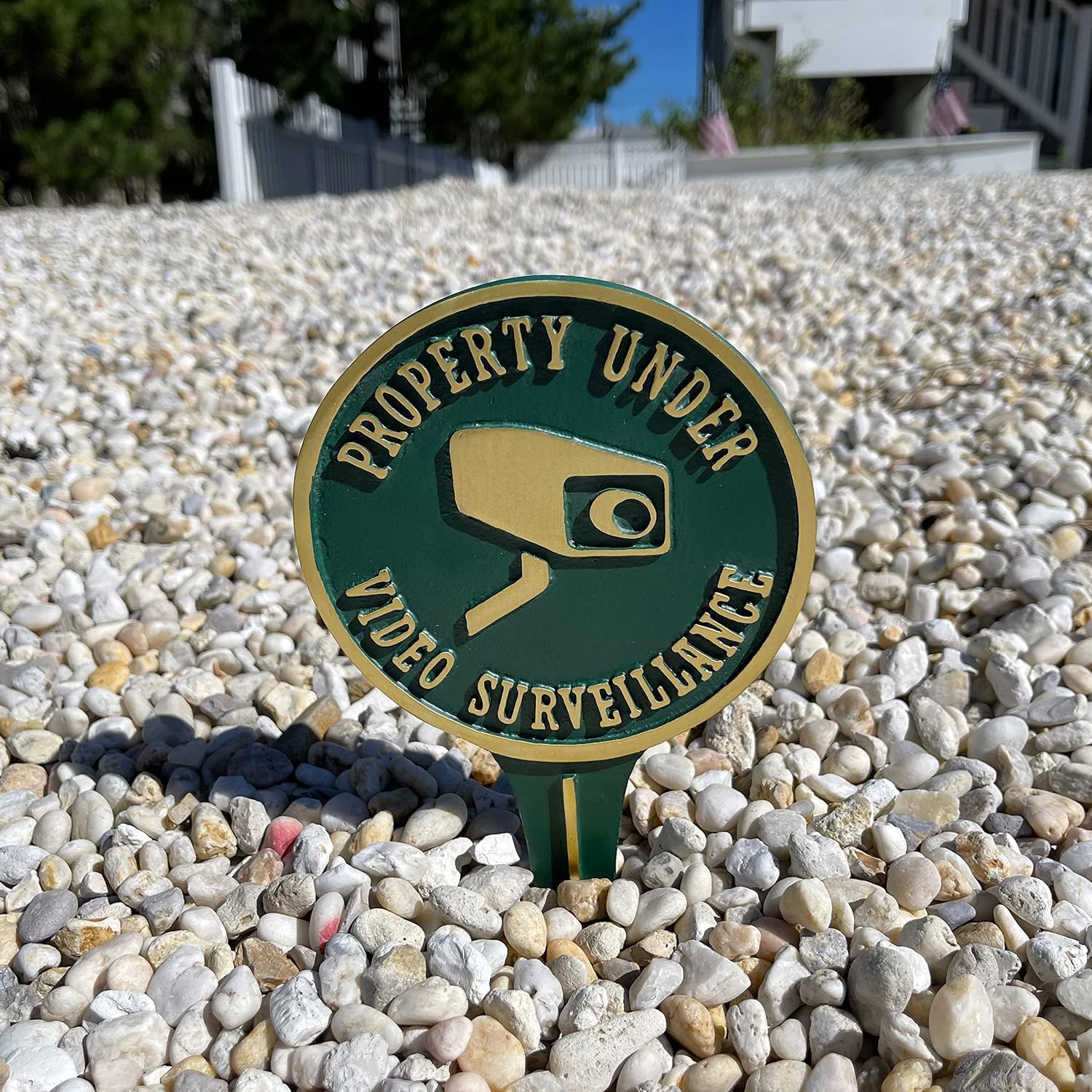 SmartSign “Property Under Video Surveillance” Yard Sign for Lawn/Garden, 9.5 x 5.25 inch, 375 mil Thick Rustproof Cast Aluminum Plaque, Green and Gold