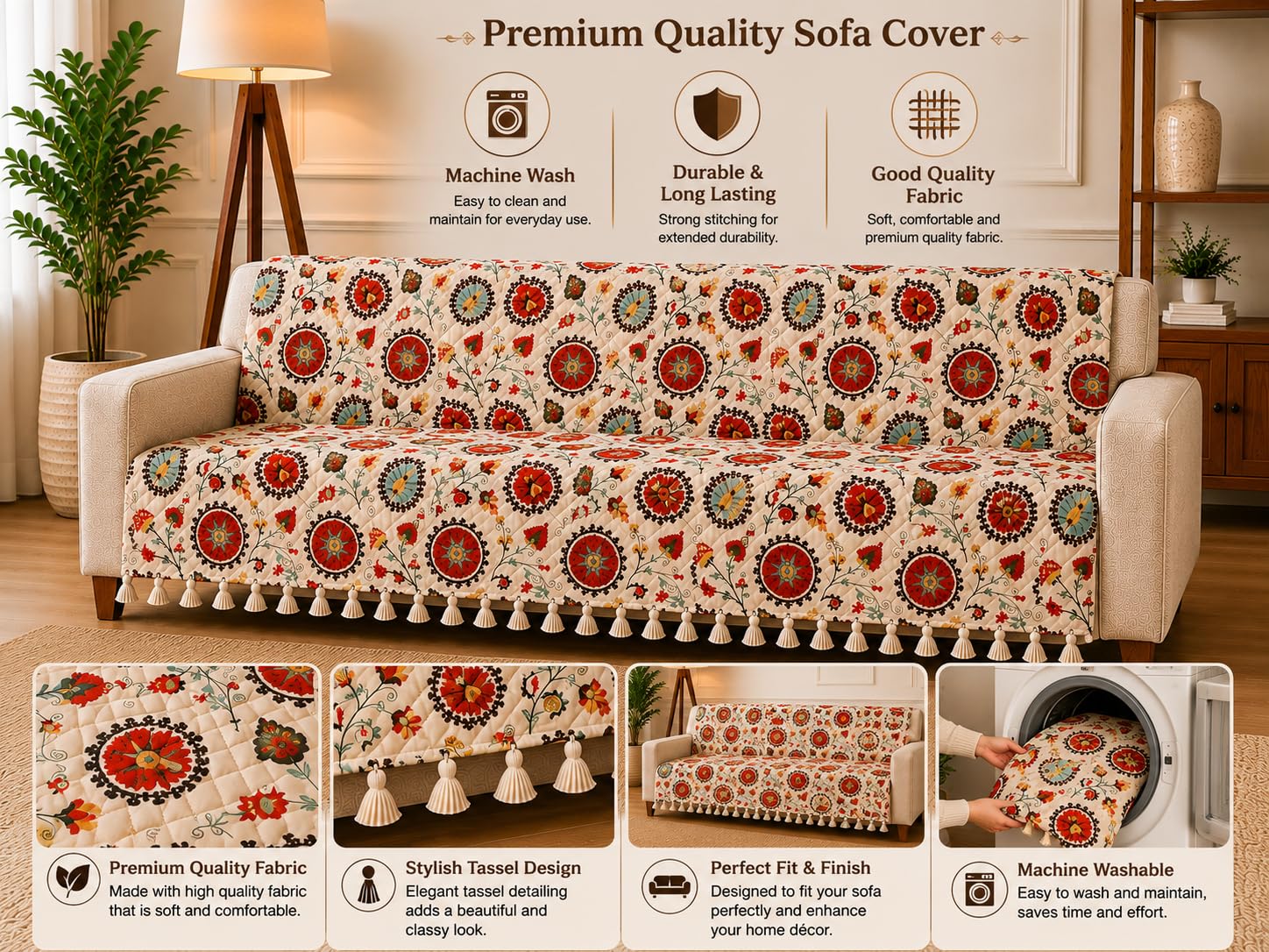 Red Floral Sofa Cover - Velvet Quilted Protection -4 Red Floral Sofa Cover - Velvet Quilted Protection -4