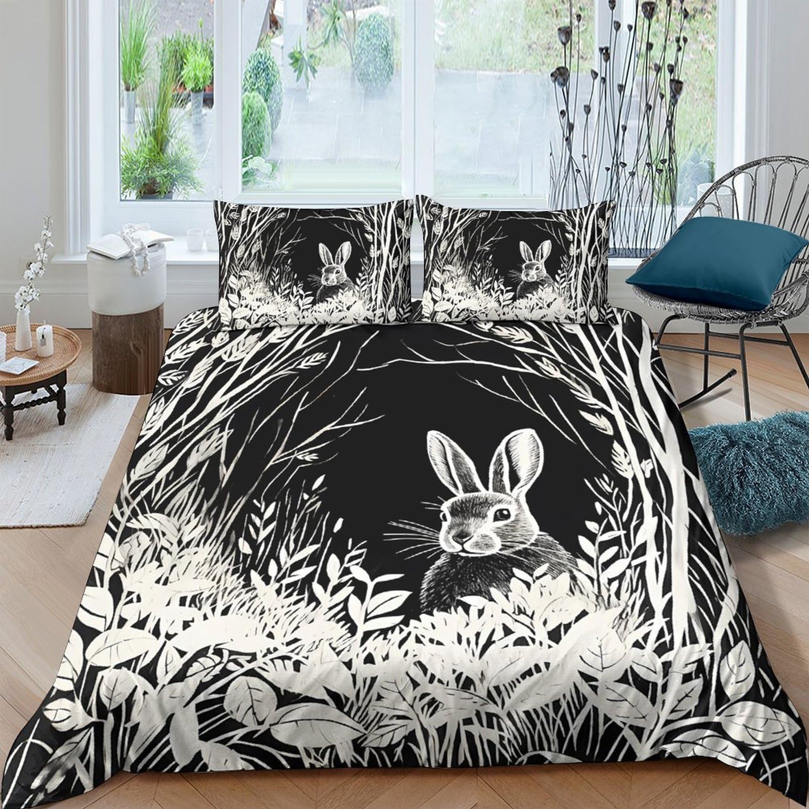 Ctjqhvkz Style-6 3D Printed Forest Rabbit Fitted Sheet Microfiber Black White Nature Bed Cover For Bedroom Guest Room Mattress Decor Single（135X200cm）