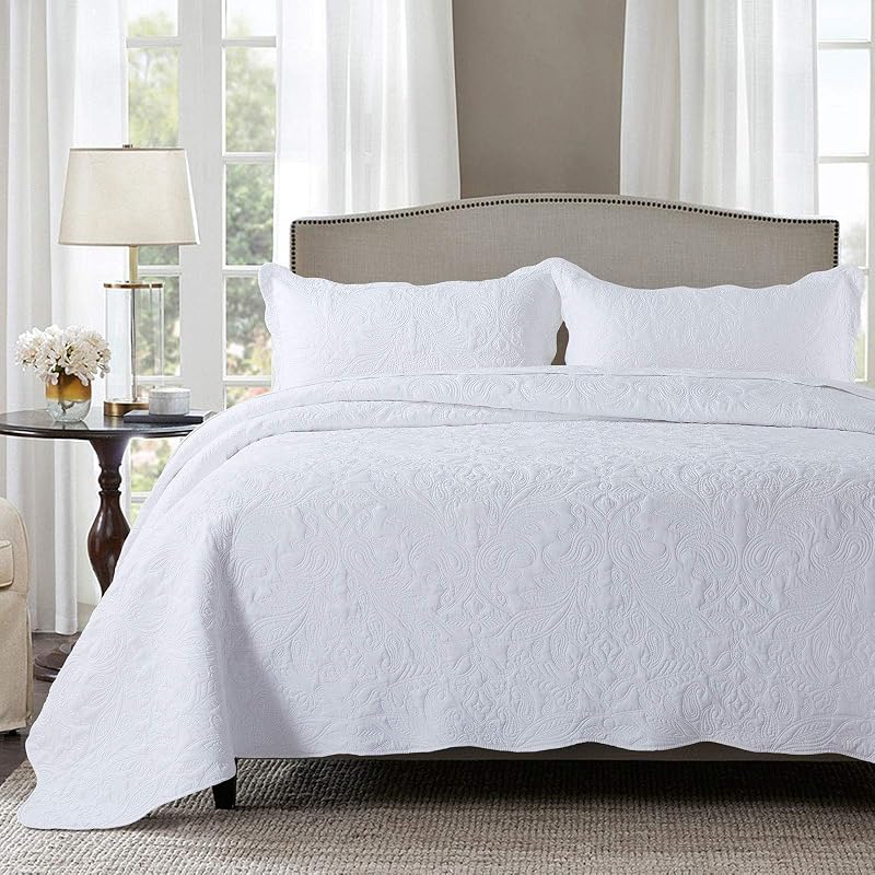 HoneiLife Quilt Set Queen Size - 3 Piece Embroidered Microfiber Bedspread Reversible Coverlet Lightweight Bedcover Paisley Pattern Bedding Set All Season Quilts-White
