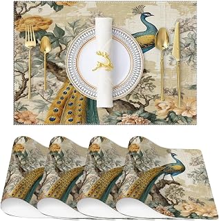 LMMIXEE Chinoiserie - Juego de 4 manteles individuales de mesa con diseño de pavo real floral y pájaro, color amarillo y gris, resistentes a los arañazos, decoración rústica vintage para mesa de