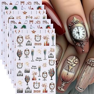 8 Sheets Christmas Nail Art Stickers Gold Glitter Clock Xmas Trees Nail Decals 3D Self-Adhesive Fireworks Bell Elk Design Holly Leaf Snowball Reindeer Nail Design Winter Xmas Nails Supplies for Women