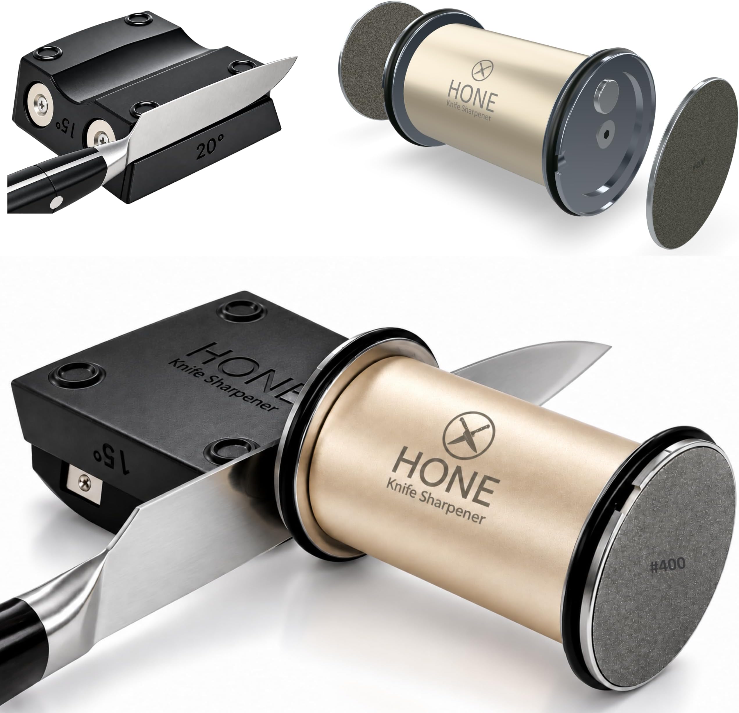 𝗛𝗢𝗡𝗘 𝗞𝗻𝗶𝗳𝗲 𝗦𝗵𝗮𝗿𝗽𝗲𝗻𝗲𝗿 Engineered in Canada, Kitchen Rolling Knife Sharpener with Ball Bearings, Detachable Dual-Sided Diamond Plates, Small Knives Slot, 20° & 15° Precision Sharpening