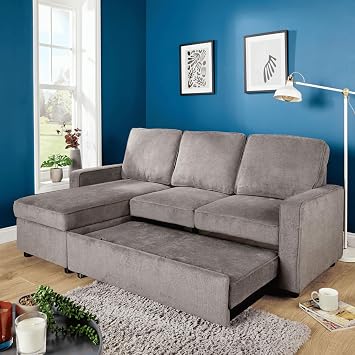 Home Source Kingston Corner Sofa Bed   Grey Polyester, Reversible Chaise, Pull Out Bed - 207W x 138D x 91H cm - Double Sofa Bed with Storage
