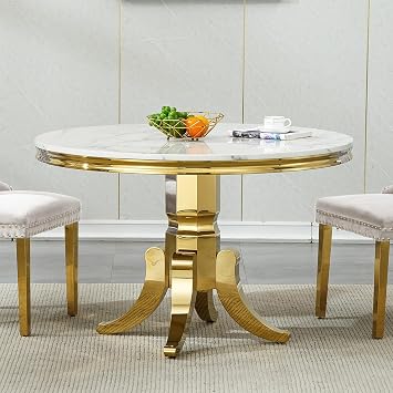 Henf Luxury Round Dining Table for 4-6 White Gold 45" Faux Marble Kitchen Table with Mirrored Stainless Steel Legs, Contemporary Modern Circle Dining Room Table Table Only