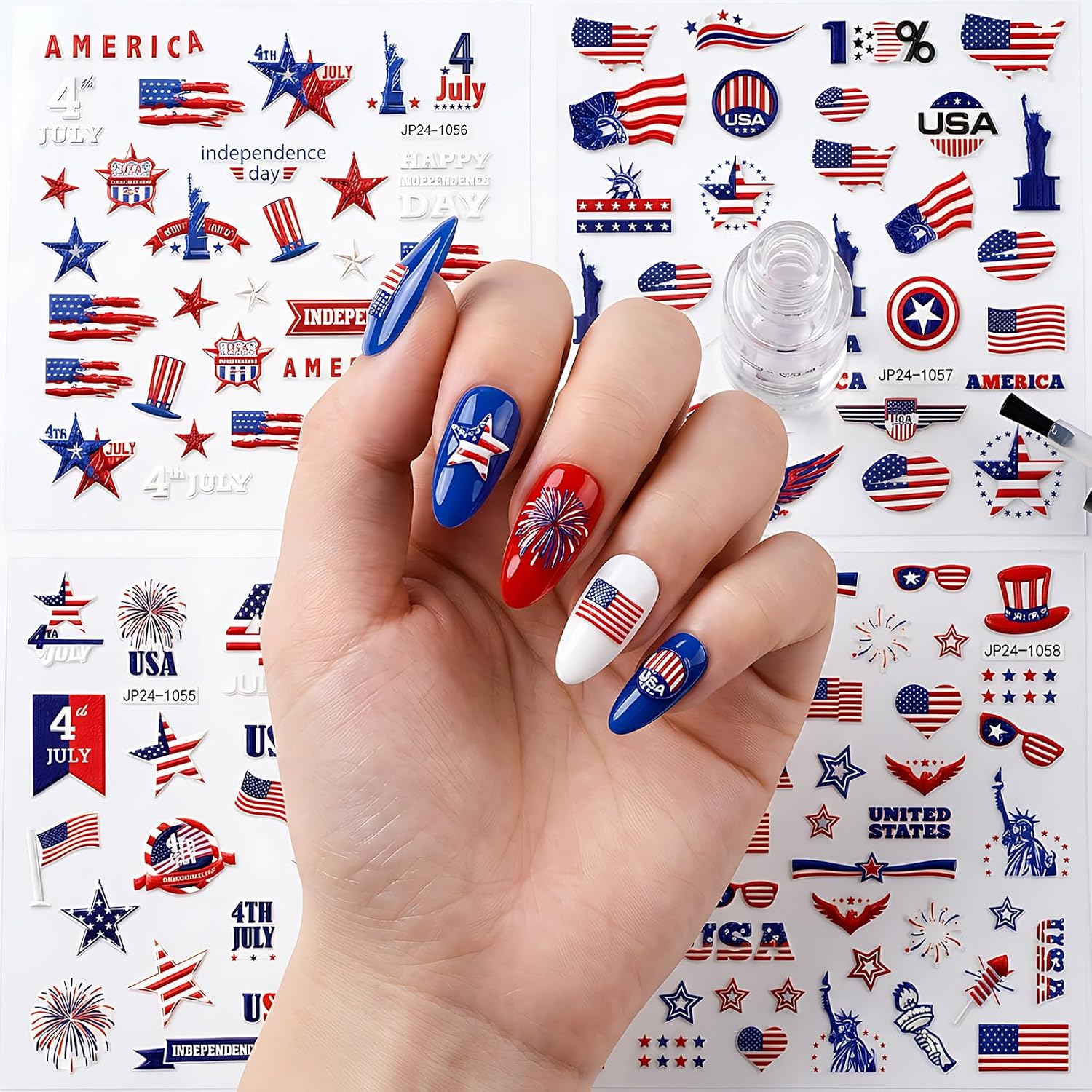 4 Sheets 4th of July Nail Stickers, 200+ Classic American Elements 3D Self Adhesive Nail Art Decals, American Flag Star Patriotic Nail Stickers for Women, Independence Day, Veterans Day, Memorial Day