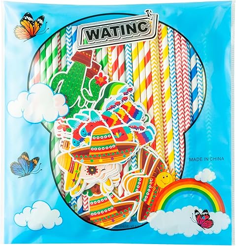 Miniatura 7 de WATINC 80 popotes de papel para fiesta, pajitas de papel a rayas de color arcoíris para decoración de fiestas temáticas mexicanas, suministros de