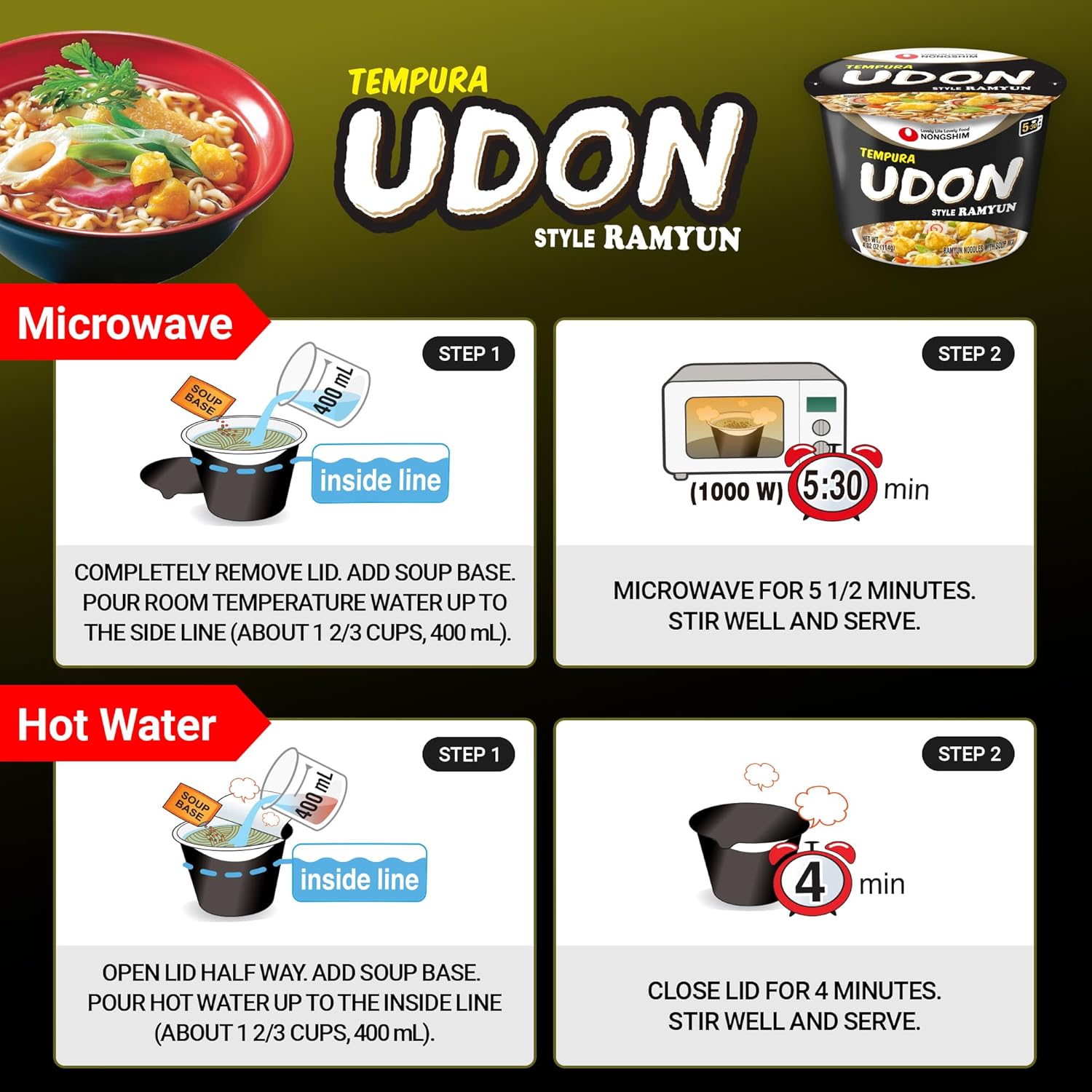 Nongshim Tempura Udon Style Noodle Soup Big Bowl, Deep & Rich Umami Flavor, Savory Broth, Microwavable, Chewy Noodles, 4.02 oz (Pack of 12)