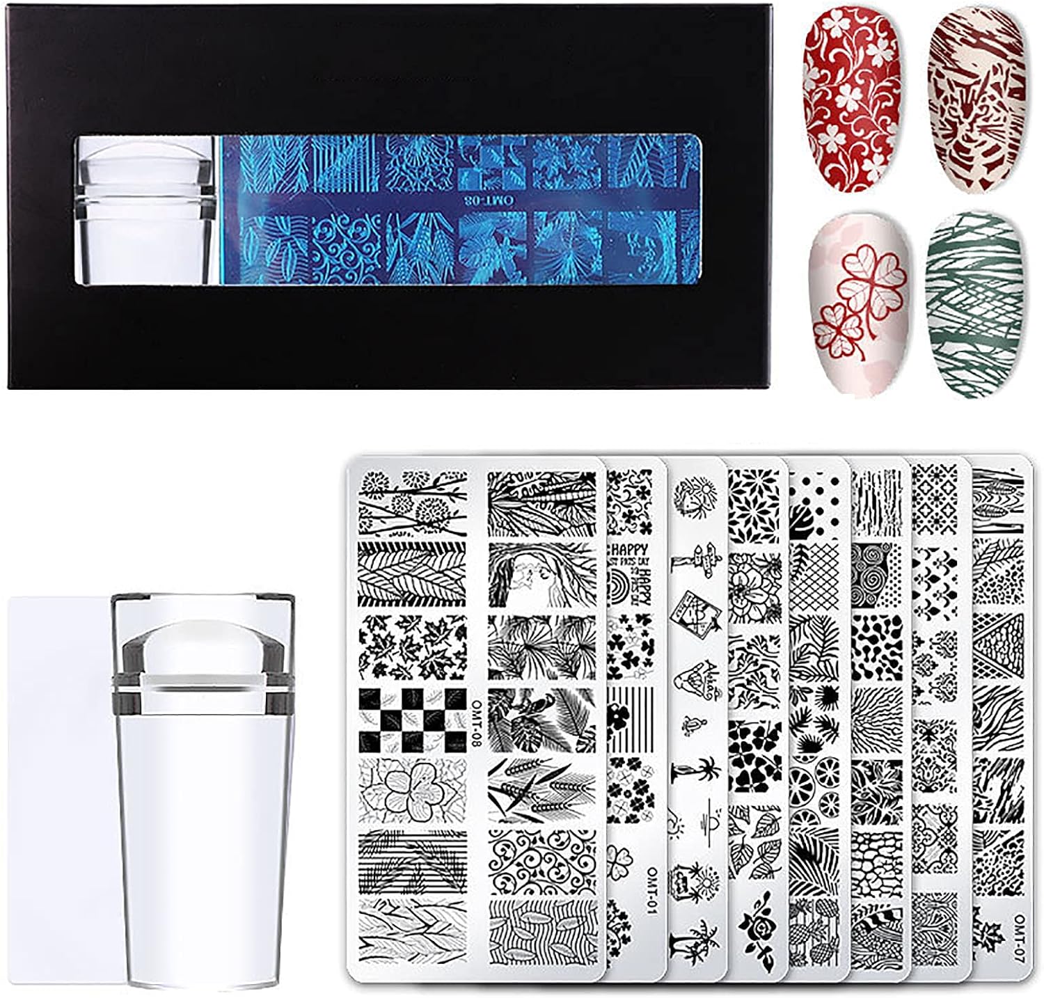 Nail Art Stamp Plate Set with Stamper Leaf Flower Dreamcatcher Snowflake Geometry Lace Nail Polish Print Jelly Scraper Tool