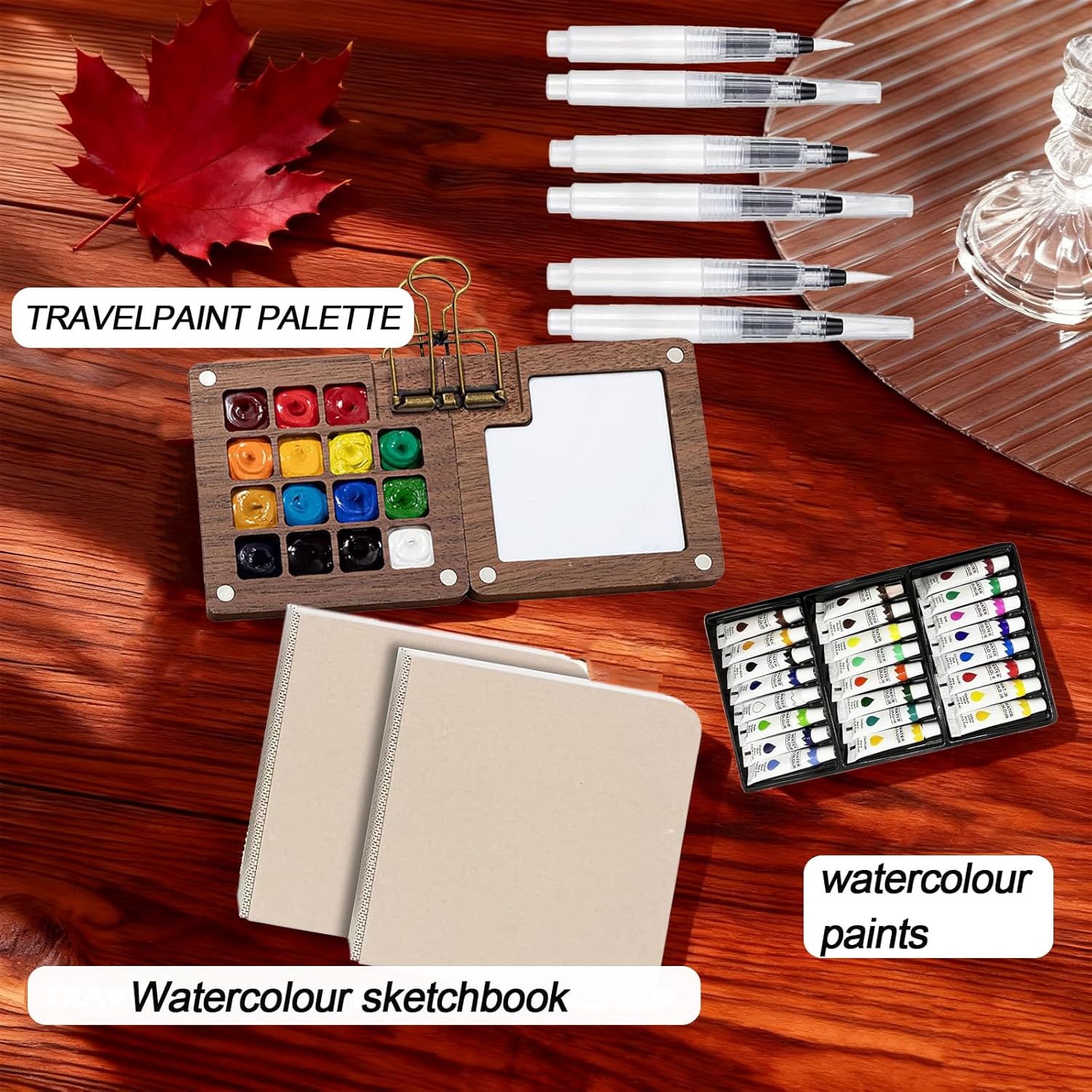 Tobeno1 Mini Watercolor Paint Set, Wooden Mini Portable Paint Palette Travel Kit, with Paint, Brush, Sketchbook & Copper Clip, for Beginners, Artists & Painting Enthusiasts (1 Set)