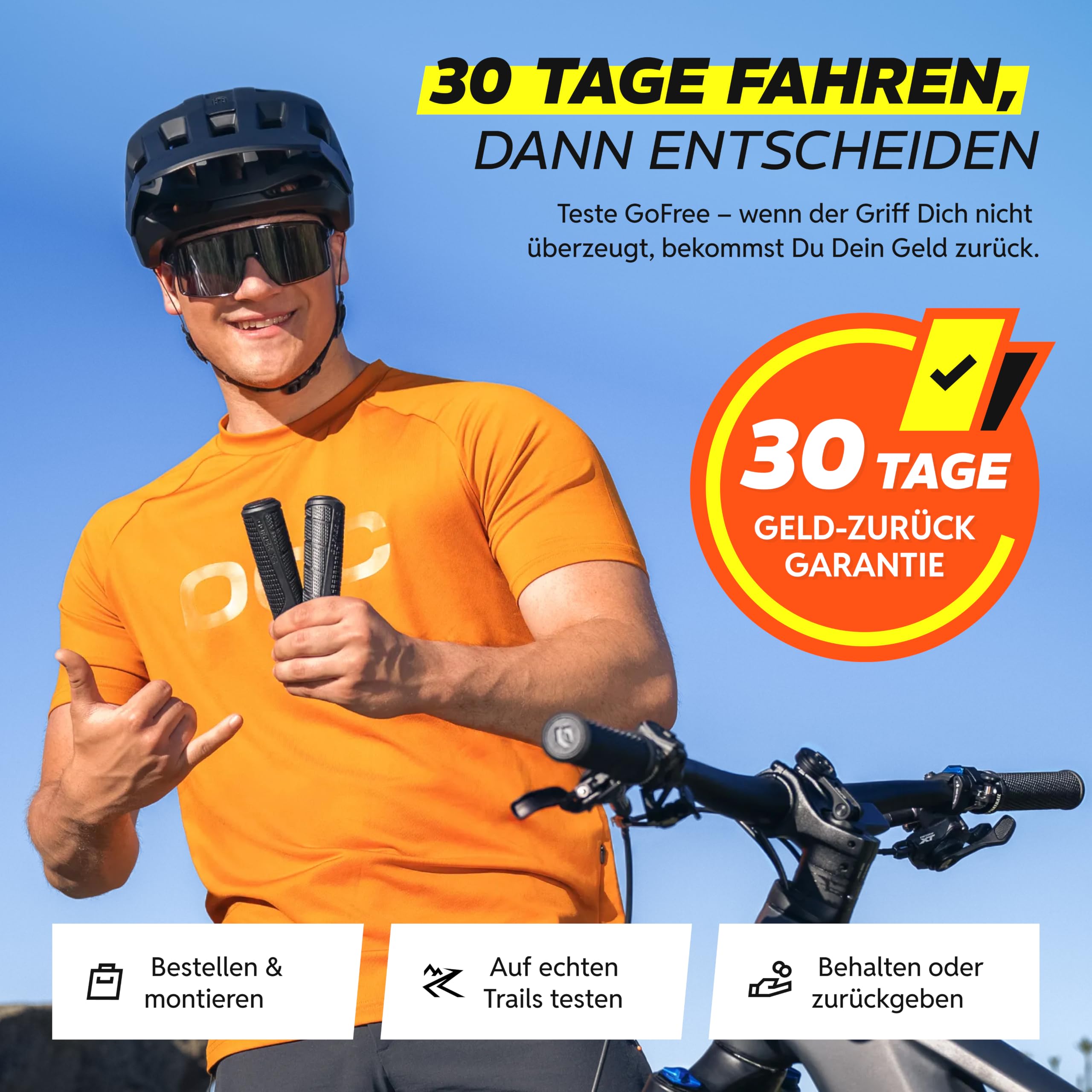 Alphatrail GoFree MTB Griffe für Fahrrad & E-Bike, Trail-Grip mit Dämpfung, Lock-On Lenkergriffe 22,2 mm, 1 Paar, 120 g, Fahrradgriffe für Trail & Tour