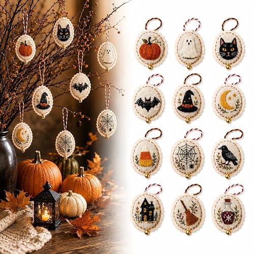 Halloween Embroidery Kit, 12-Piece DIY Ornament Set for Adults &
