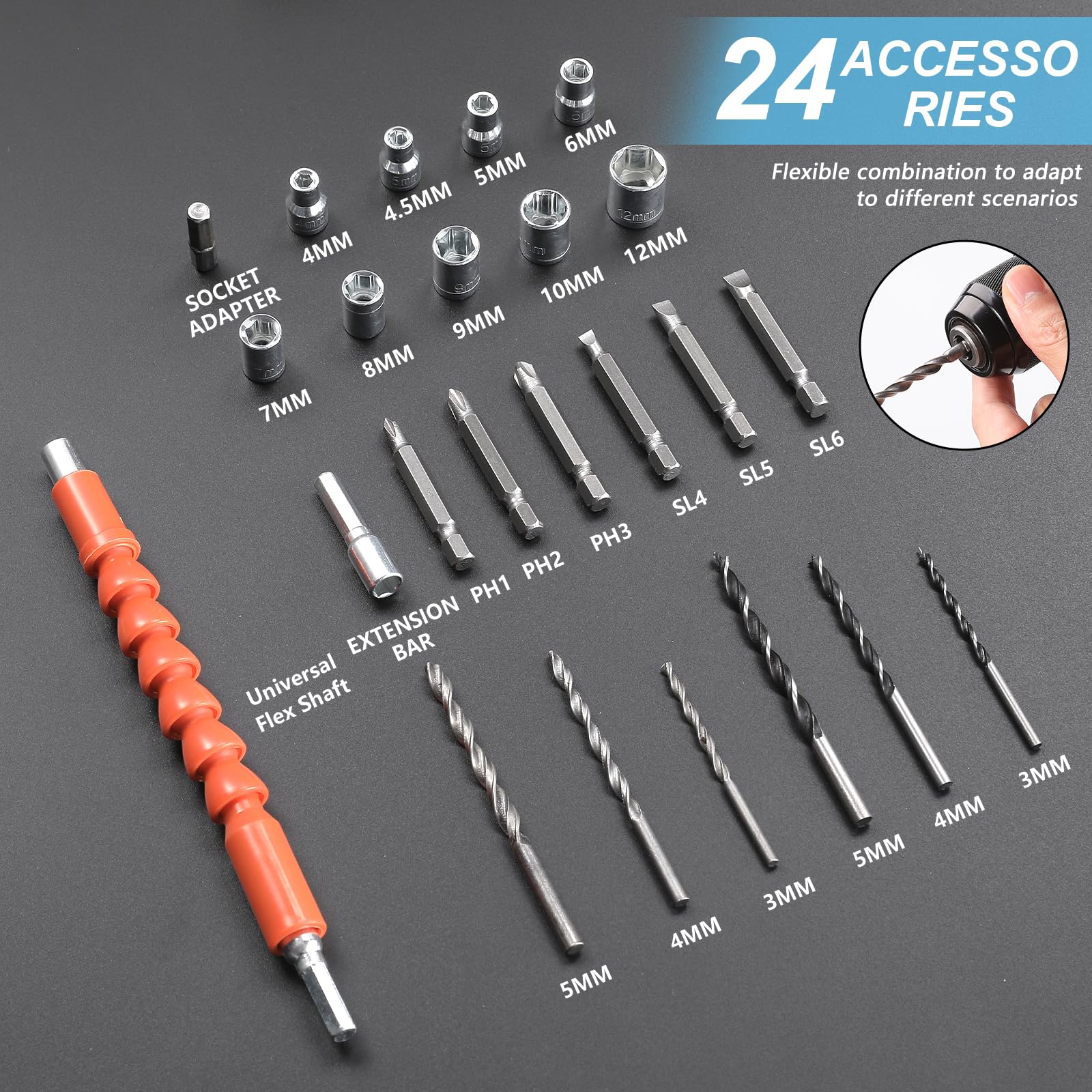 Taladro eléctrico inalámbrico, kit de taladro atornillador 16,8 V (azul) | Max 55N.m, 25+1 Torsión ajustable, 29 piezas juego de herramientas con taladropara reparación, mantenimiento y trabajo
