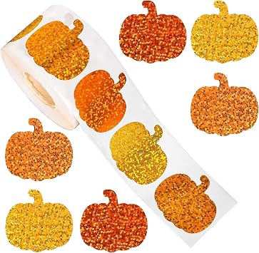 500Pcs Fall Thanksgiving Stickers, 3Colors Pumpkins Waterproof Decals Holographic Self Adhesive Label Stickers Roll for Autumn Party Cards, Journal Decor, Scrapbook, Seal Envelopes Supplies