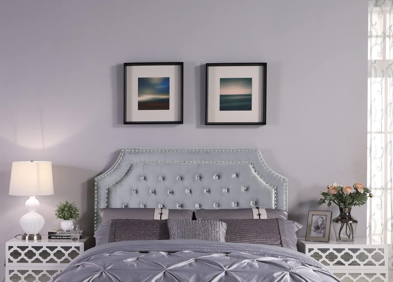 Iconic Home FHB9024-AN Chava Headboard Velvet Upholstered Button Tufted Double Row Silver Nailhead Trim Modern Transitional, Full/Queen, Taupe