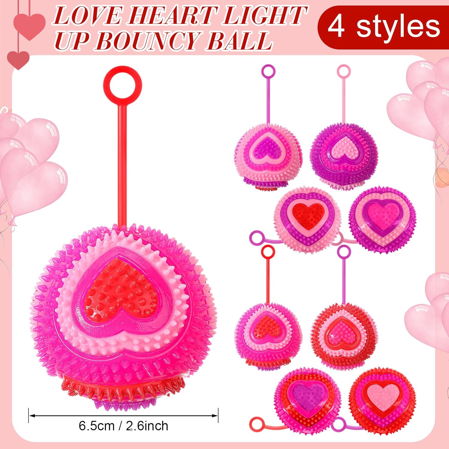 Sotiff 60 Pcs Valentines Light up Rubber Balls LED Spiky Squeaky Ball Sensory Bouncy Stress Ball for Valentine's Day Exchange Goodie Bag Gifts Wedding Carnival Prize Class Party Favors