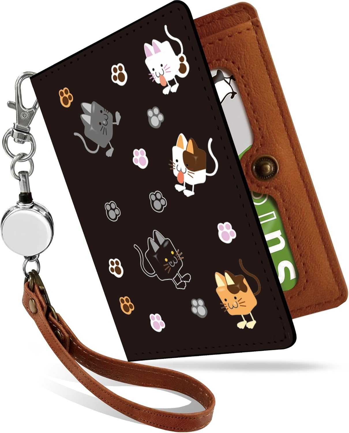 パスケース 定期入れ リール付き かわいい キューブ ネコ 仲良し ブラック キャラ イラスト 二つ折り 中がみえない おしゃれ レディース 動物 アニマル柄 黒 Ps 上質