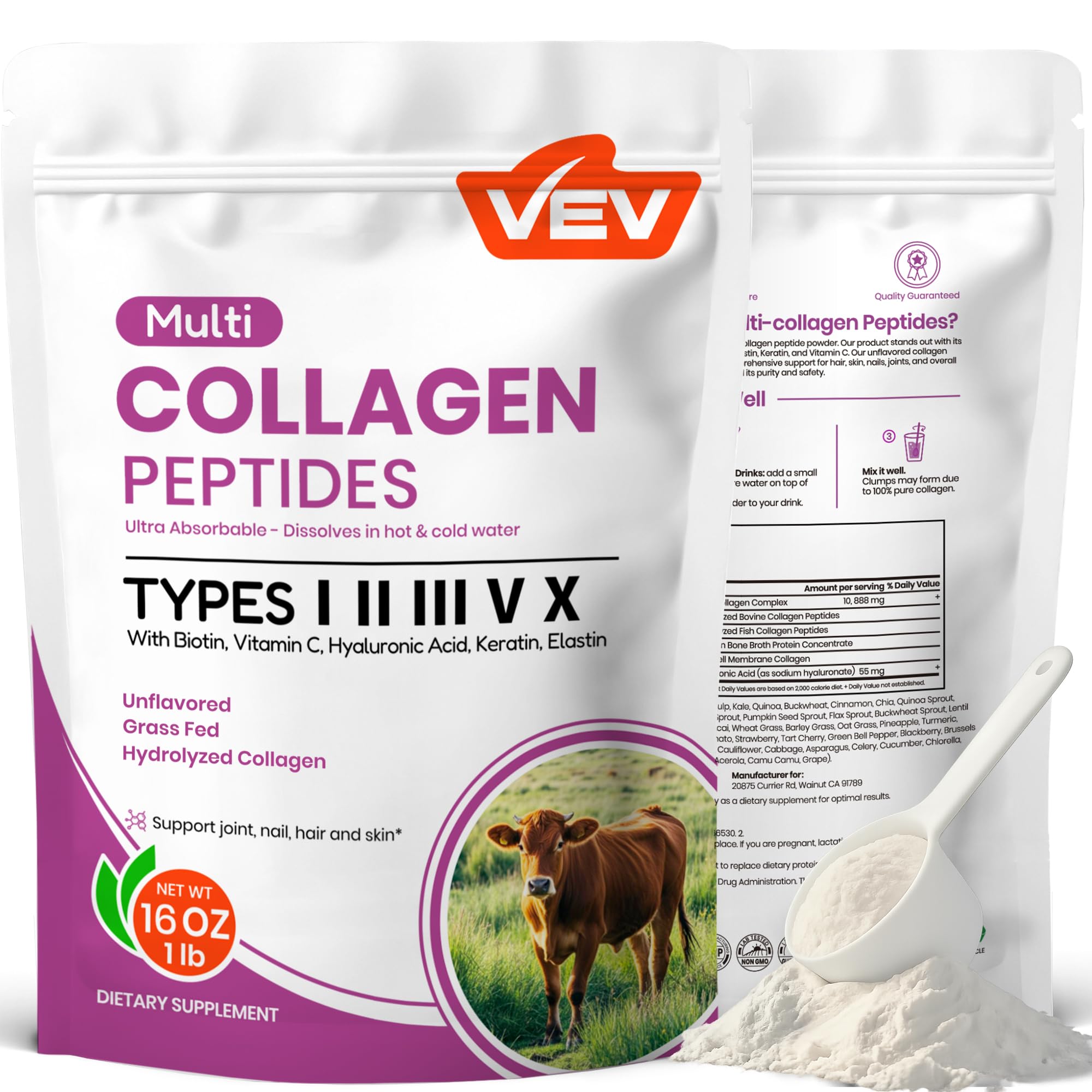 VEV Suplemento de colágeno hidrolisado em pó com peptídeos de colágeno tipos I, II, III, V e X, vitamina C, ácido hialurônico e biotina, 41 porções, 454 g
