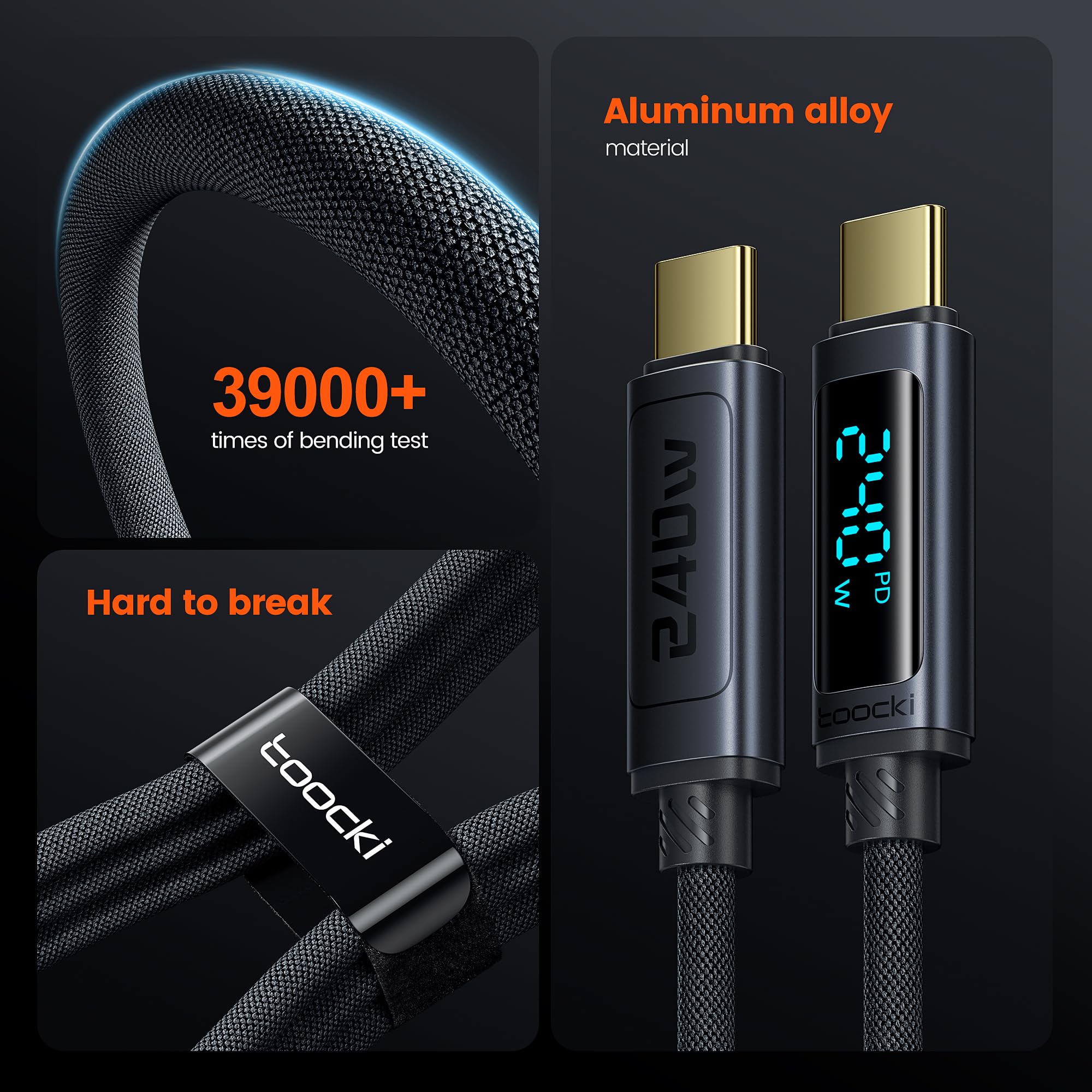 toocki Kabel USB C na USB C, 240 W, 1 m [2 sztuki] PD3.1, kabel do szybkiego ładowania QC4.0 z wyświetlaczem LED do iPhone 17/16 Pro Max, Samsung Galaxy S24/S23, Pad Pro, MacBook Air, tabletów, Huawei
