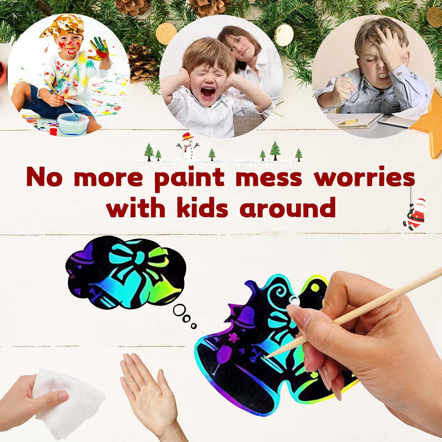 Christmas Scratch Art Paper, 12 PCS Magic Rainbow Scratch Paper Cards Set for Kids, DIY Projects Xmas Tree Ornaments and Kids Birthday Decoration, 4 Pcs Drawing Sticks & 12 Pcs Cords