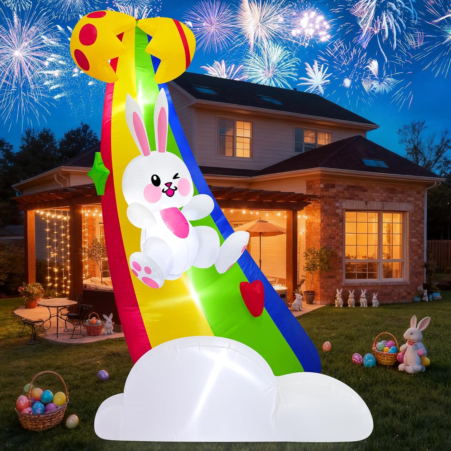 MICOCAH 6FT Tall Easter Inflatable Outdoor Decoration Cute Blow Up Bunny Sliding on Rainbow, Built-in LED Light Blowups Egg Yard Decor for Outside, Lawn, Patio, Garden, Spring, Holiday, Party