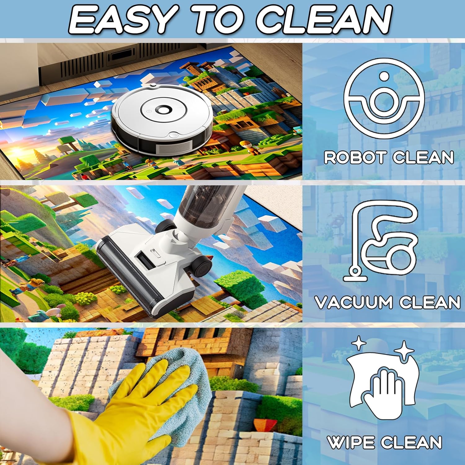 Block Game Rug Teen Kids Carpet, Pixel Games Scene Decoration Mat, Washable Cube Block Game Rugs for Boy’s Bedroom Living Room Playroom, Non-Slip Children Gaming Area Rugs (Green Village, 60" x 40")