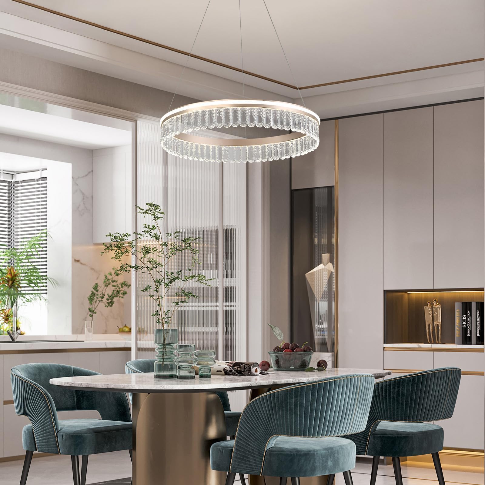 Lampadario Di Cristallo D'Oro,60Cm Rotonda Lampadario Led,Moderno Lampadari Cucina 3000K-6000K Dimmable Luce,Lampadari Sospensione Per Camera Da Letto Cucina Hall,30W