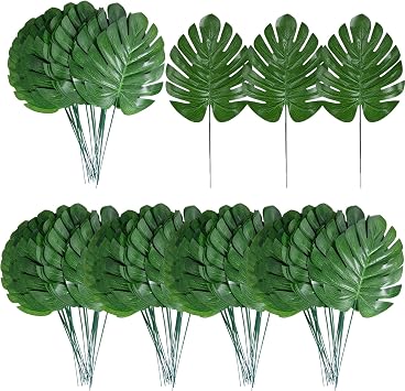 XONOR 100Pcs Artificial Monstera Leaves Fake Tropical Faux Palm Leaves with Stem for Jungle Hawaiian Dinosaur Luau Party Table Decoration Wedding Birthday Theme Party, Leaf Size 7x 5